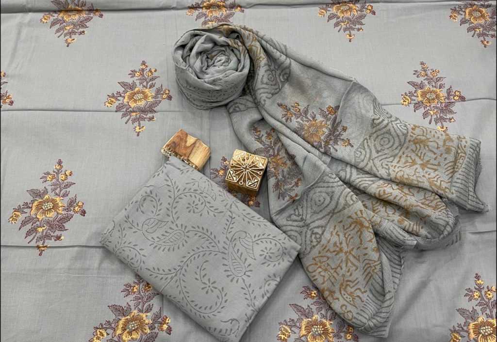 Slate gray cotton suits with chiffon dupatta