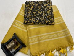Amber Plain linen saree with separate printed blouse