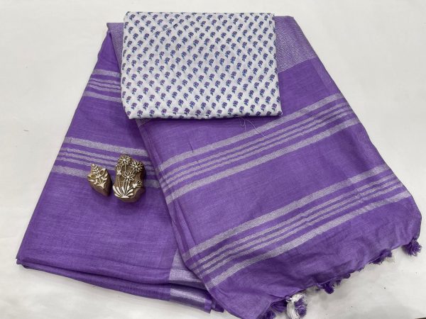 Amethyst saree with printed cotton blouse