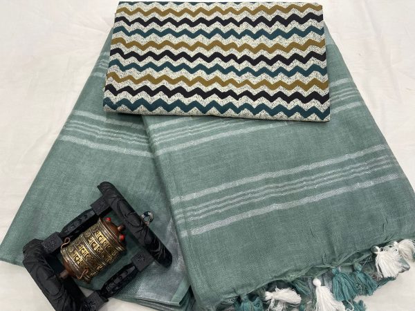 Baby blue linen saree with separate printed blouse