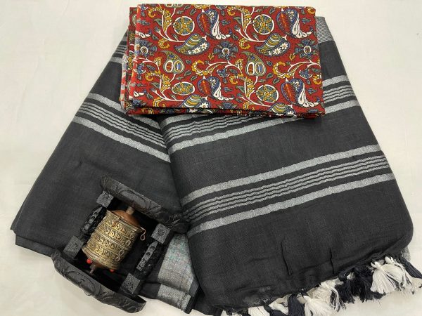 Black linan saree with printed cotton blouse