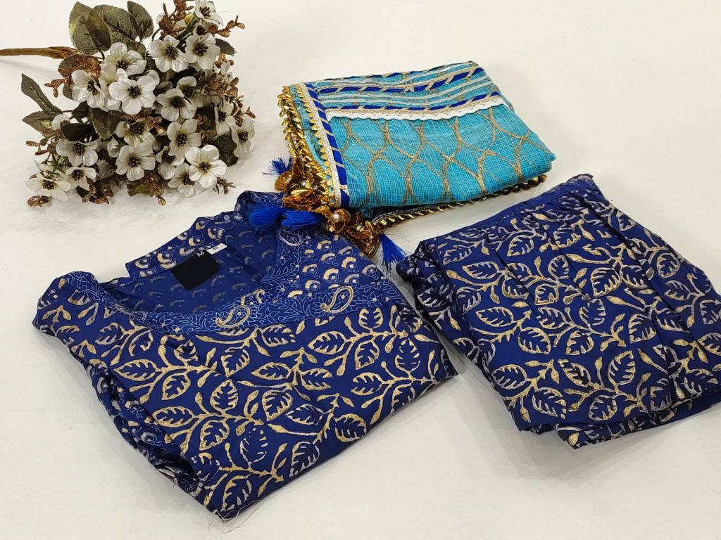 Blue Stitched sharara Cotton suit with kota doria dupatta