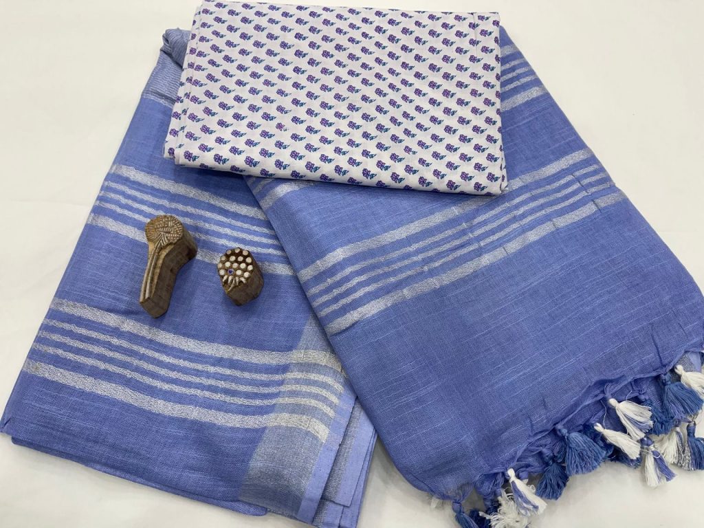 Blue saree with printed cotton blouse
