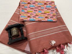 Brown linen saree with printed cotton blouse