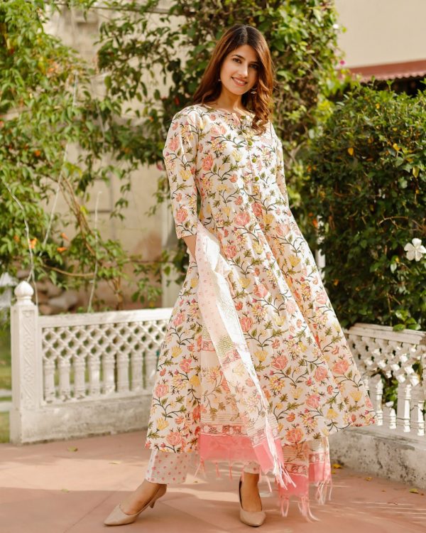 Floral print stitched Cotton suit with chanderi cotton dupatta