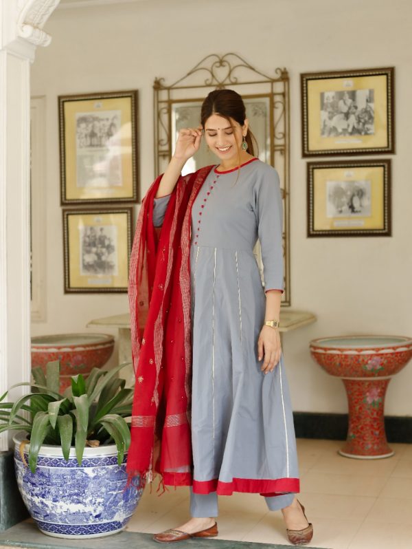 Slate gray and red Stitched Cotton with chanderi cotton chicken dupatta