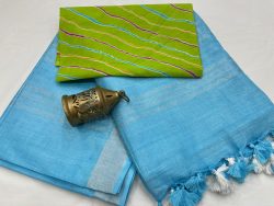 Cyan blue linen saree with printed cotton blouse