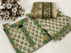 Green Stitched anarkali Cotton suit with kota doria dupatta
