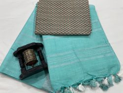 Light Teal Blue linan saree with printed cotton blouse