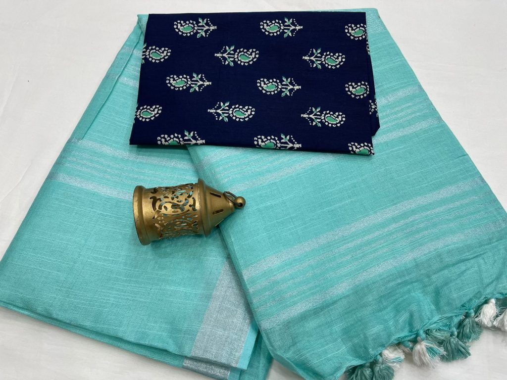 Light Teal Blue linan saree with printed cotton blouse