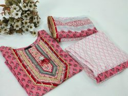 Pink Floral print Stitched Cotton suit with cotton dupatta