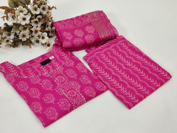 Pink Floral print Stitched Cotton suit with kota doria dupatta