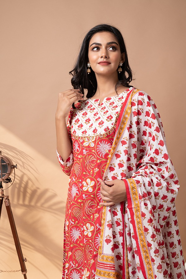 Red stitched suit Cotton straight cut suit with plazzo and cotton dupatta
