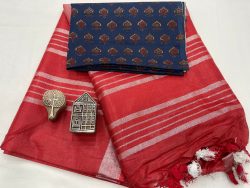 Red linen saree with printed cotton blouse