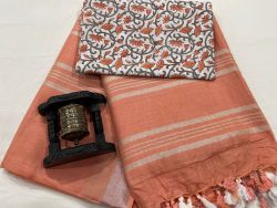 Salmon linen saree with separate printed blouse