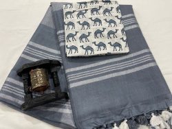 Slate gray linen saree with separate printed blouse
