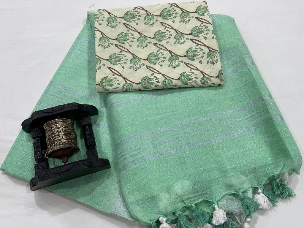 Tropical Green saree with printed cotton blouse