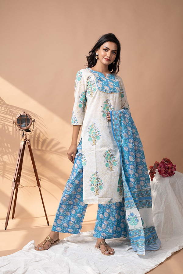 Cotton Stitched floral print cotton suit with cotton dupatta