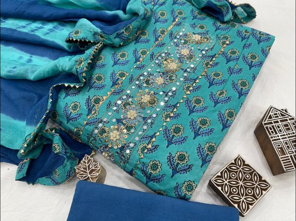 Azure and blue Cotton printed gota hand work suit set