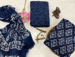 Blue designer cotton suits with chiffon dupatta