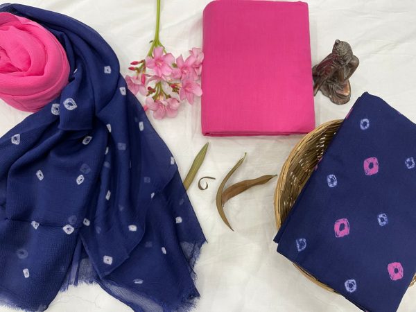 Blue and Pink cotton suits with pure chiffon dupatta wholesale