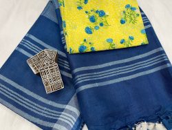 blue linan saree with printed cotton blouse