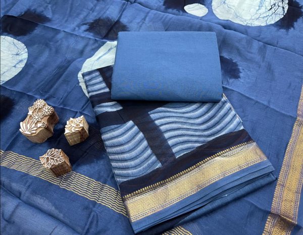 blue maheshwari silk suit set with dupatta
