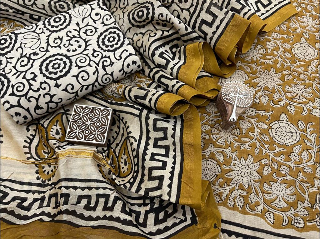 Gold and white chanderi suit salwar with dupatta