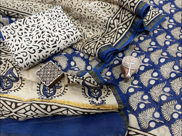 Blue and white Chanderi suit with chanderi dupatta online