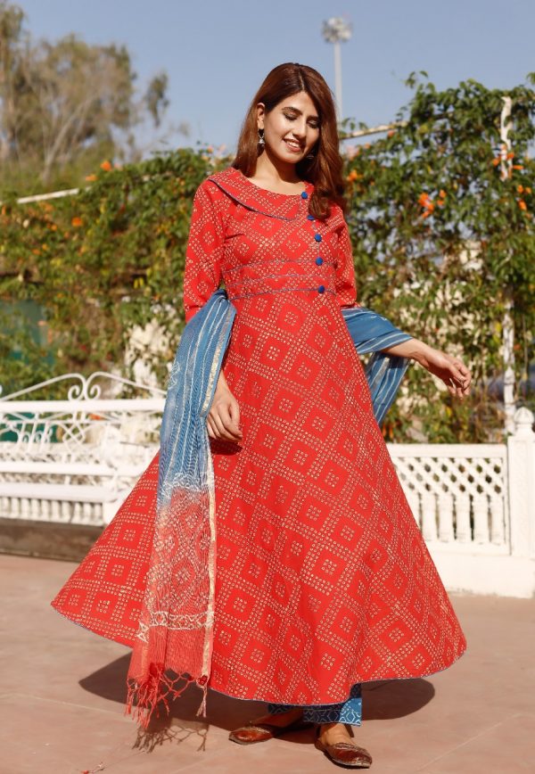 Red Stitched Anarkali Cotton suit with kota doria dupatta