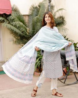 Slate gray printed Stitched Cotton suit with cotton dupatta