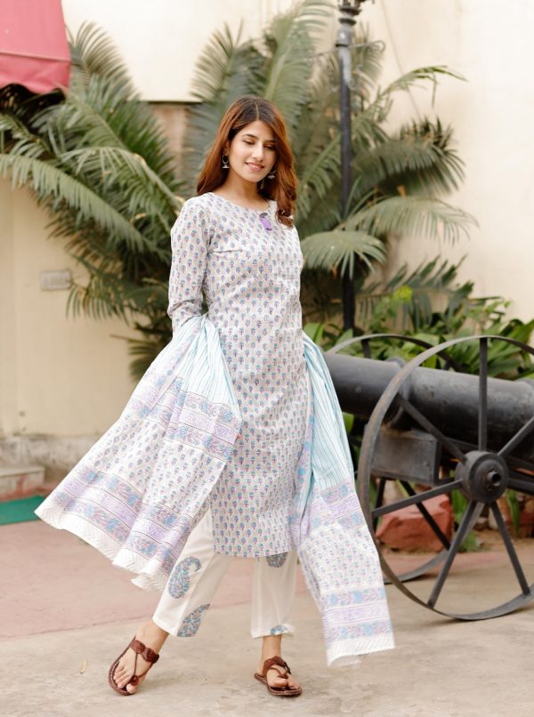 Slate gray printed Stitched Cotton suit with cotton dupatta