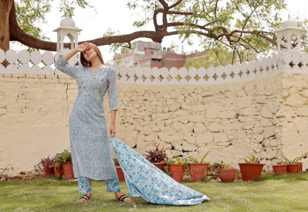 Azure Floral print Stitched Cotton suit with cotton dupatta