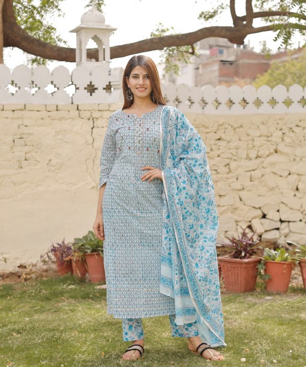 Azure Floral print Stitched Cotton suit with cotton dupatta