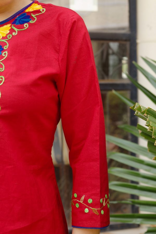 Red Cotton sharara suit with chanderi cotton chicken dupatta