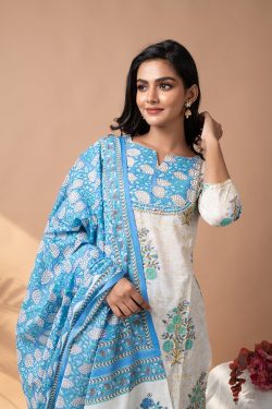 Cotton Stitched floral print cotton suit with cotton dupatta