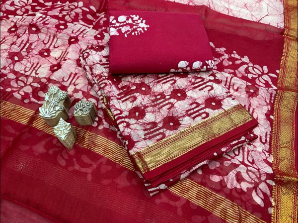 Crimson maheshwari silk suit set with dupatta