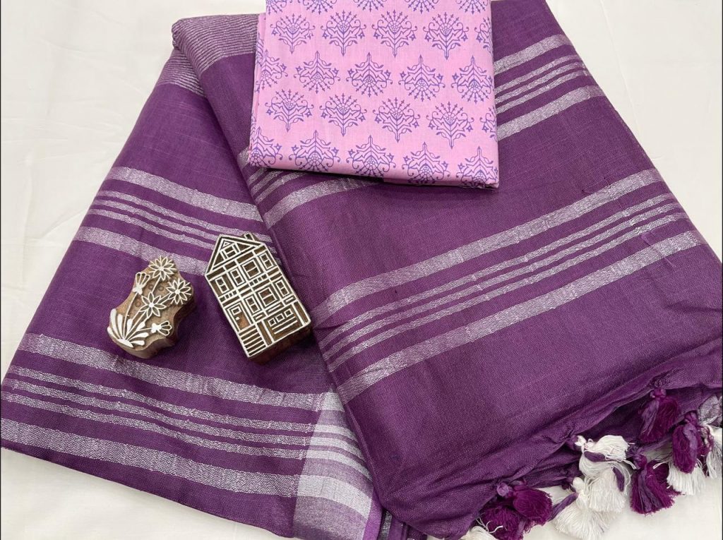 Purple blue linen saree with printed cotton blouse