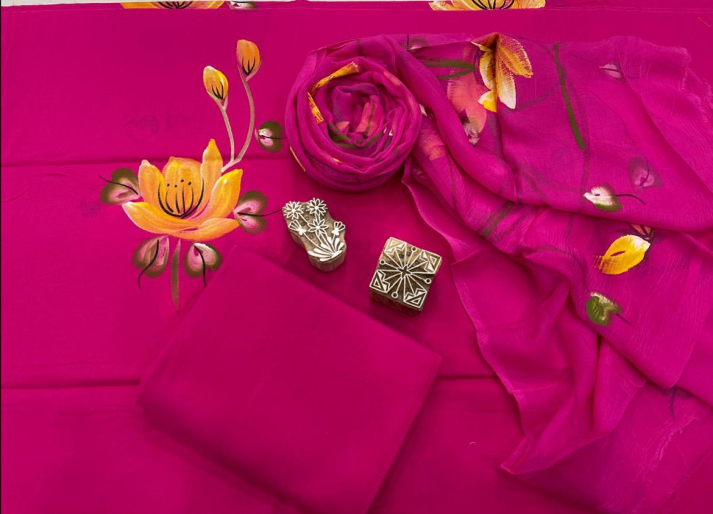 Magenta Hand painted floral print cotton suit pure dupatta