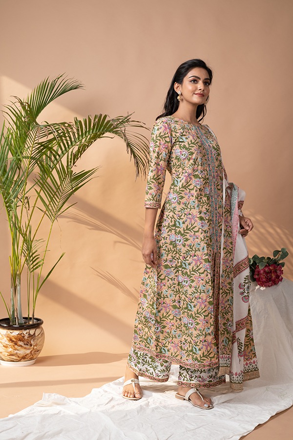 Apricot and light green stitched front slit cotton suit with cotton dupatta