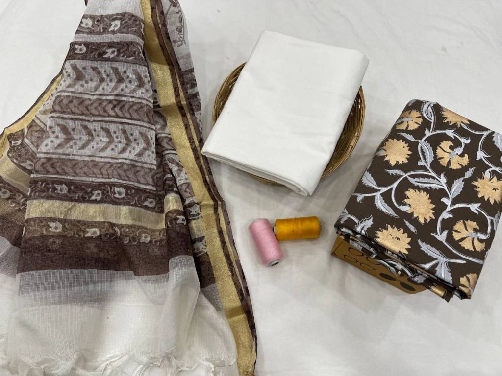 Seal Brown And white floral print cotton Salwar suit with kota silk dupatta