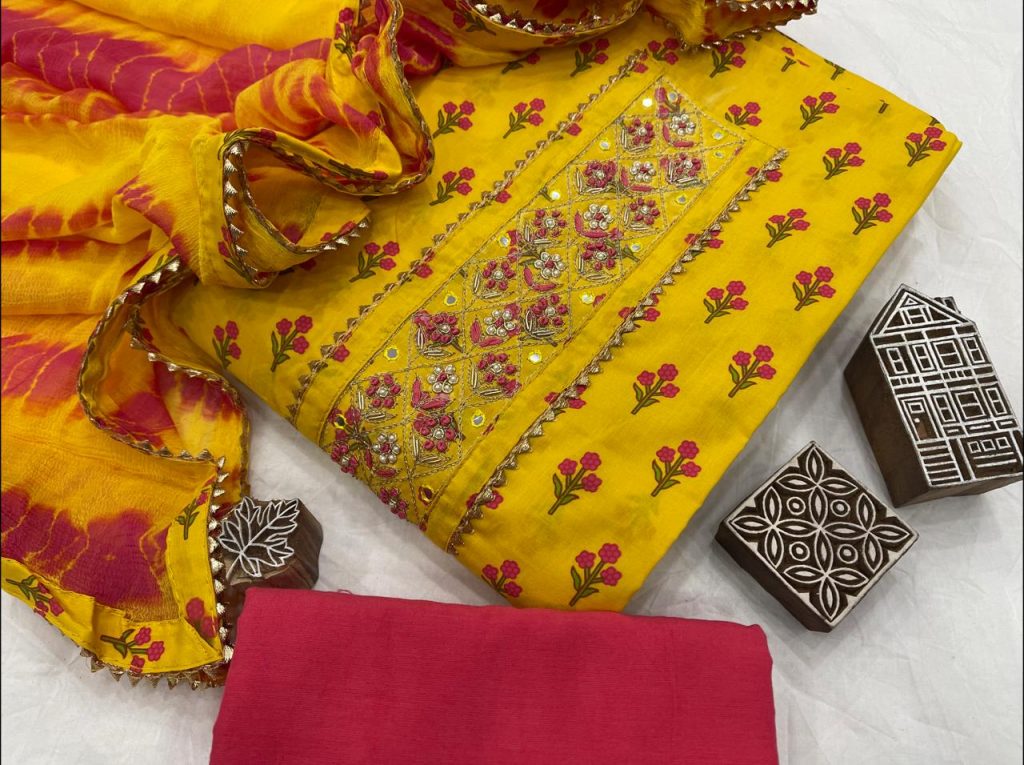 Yellow floral print embroidered salwar kameez with chiffon dupatta online