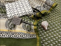 olive and White Chanderi suit fabric with chanderi dupatta
