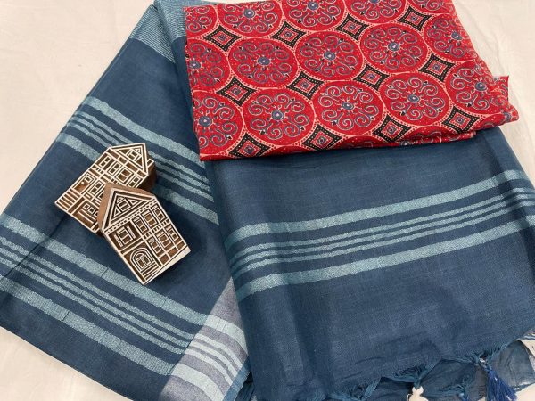 Blue linen saree with separate printed blouse