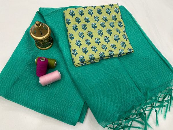 Green plain kota doria saree with blouse