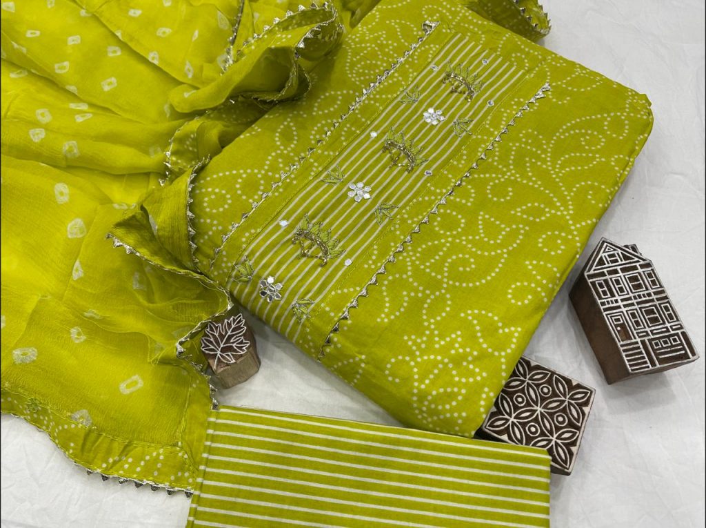 Lime embroidery suits with chiffon dupatta