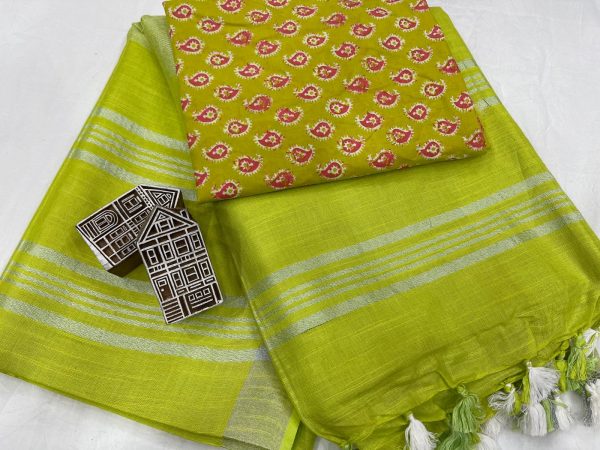 Lime linen saree with printed cotton blouse