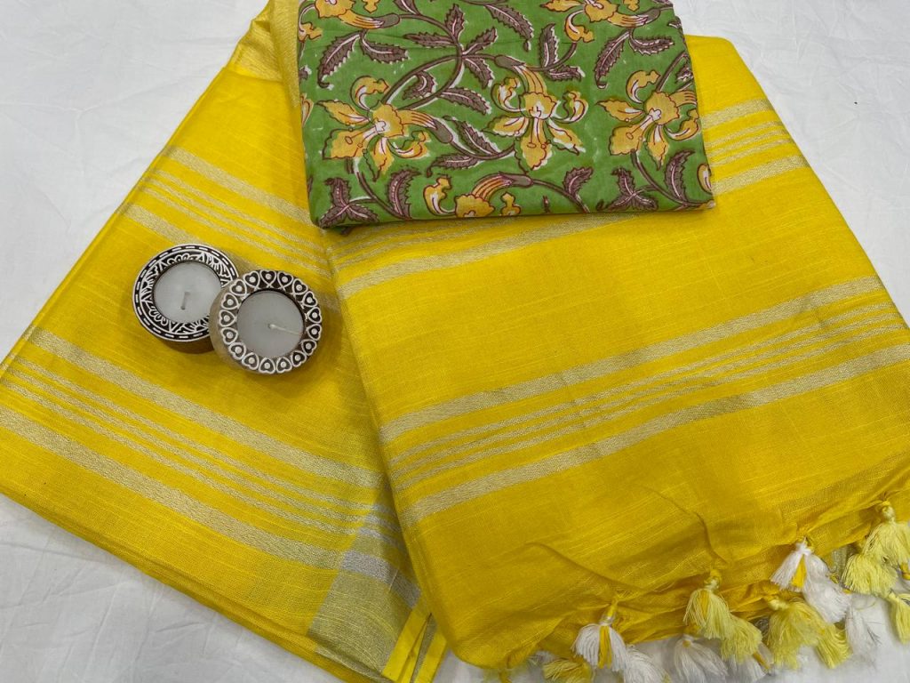Yellow linen saree with printed cotton blouse