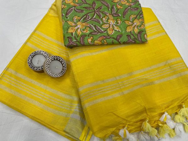 Yellow linen saree with printed cotton blouse