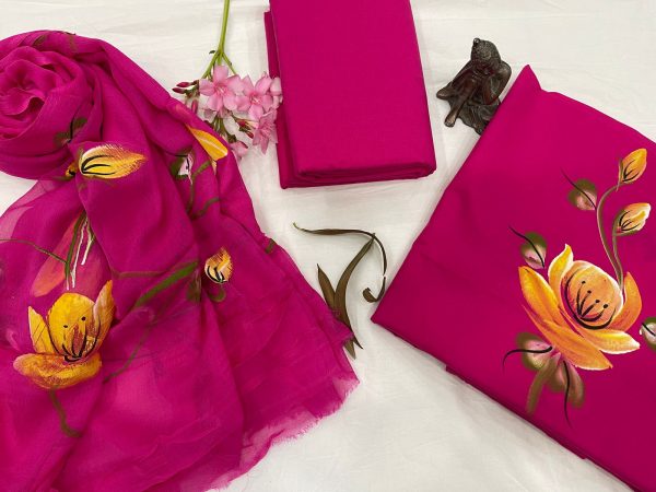 Magenta Hand painted floral print cotton suit pure dupatta